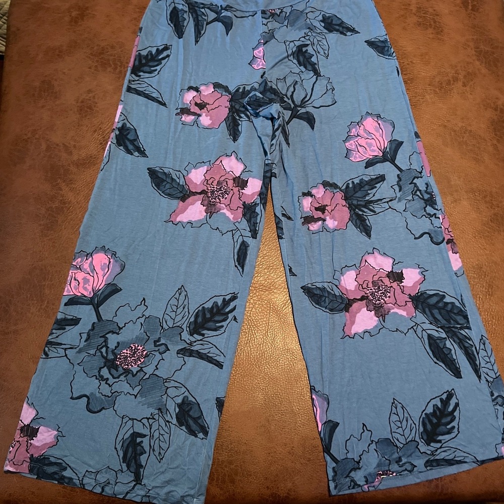 Brittany Humble Blue Pink Floral Wide Leg Palazzo Lounge Pants Womens Size M